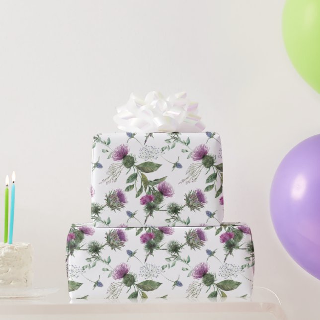 Papel De Regalo Watercolor Purple Thistle Botanical Pattern (Regalos de fiesta)