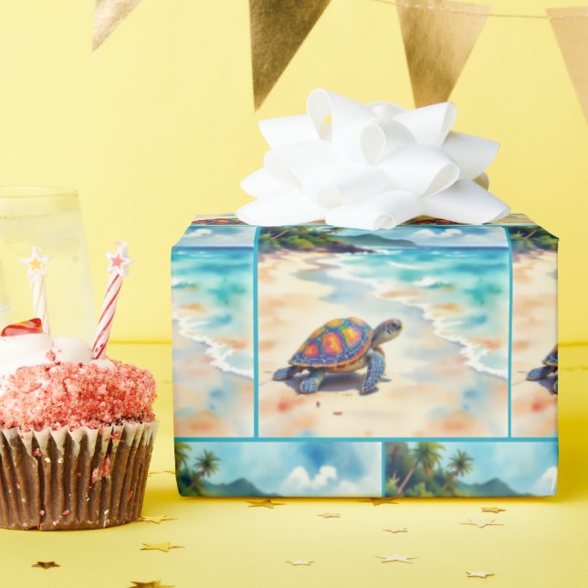 Papel De Regalo Watercolor Sea Turtle On a Beach (Fiesta de cumpleaños )