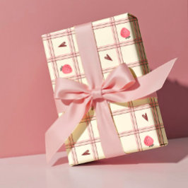 Papel De Regalo Watercolor Strawberries on Pink Plaid – Valentine