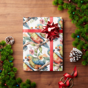 Papel De Regalo Watercolor Tema Tropical Pareja De Aves De Loro