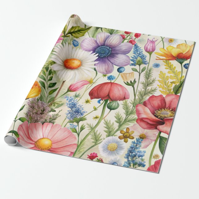 Papel De Regalo Watercolor Wildflowers Seamless Decoupage Paper (Desenrollado)