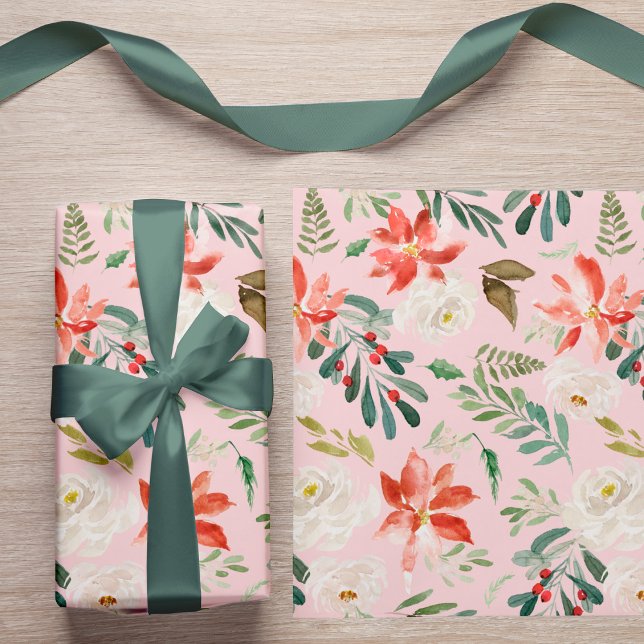 Papel De Regalo Watercolor Winter Flowers Holly Berries Patterado (The ribbon can be purchased separately - please see the collection)