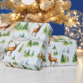 Papel De Regalo Watercolor Winter Forest - Deer and Snowy Trees - 