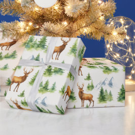 Papel De Regalo Watercolor Winter Forest - Deer and Snowy Trees - 