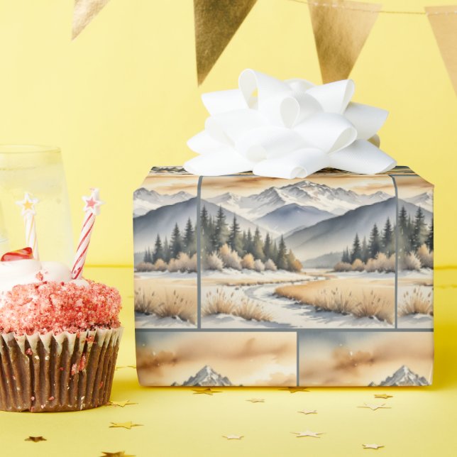 Papel De Regalo Watercolor Winter Mountain Valley (Fiesta de cumpleaños )
