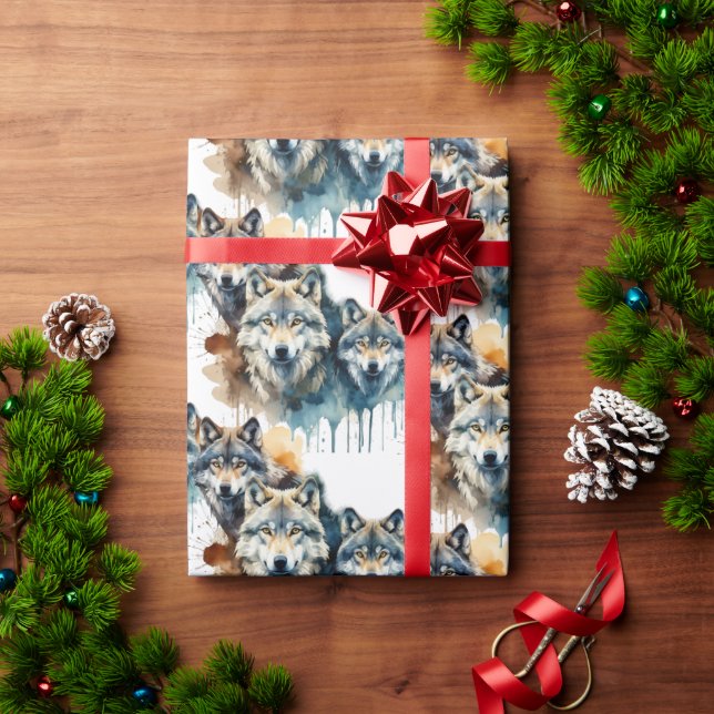 Papel De Regalo Watercolor Wolf Family Animal Nature Art (Regalo de vacaciones)
