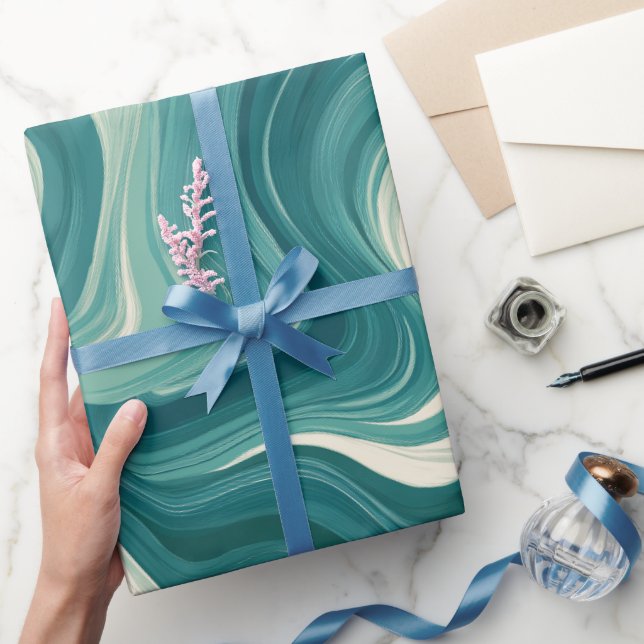 Papel De Regalo Wave Teal Aqua Motion White Abstract Pattern (Regalar)