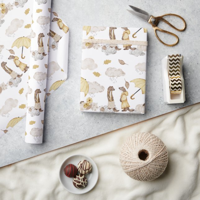 Papel De Regalo Weasel Adorable vestido con paraguas amarillo y am (Artesanía)