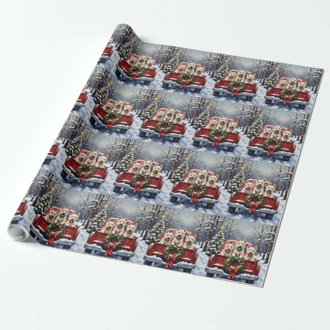 Papel De Regalo West Highland White Terrier Christmas Red Truck (Desenrollado)