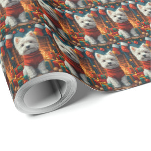 Papel De Regalo West Highland White Terrier con regalos de Navidad