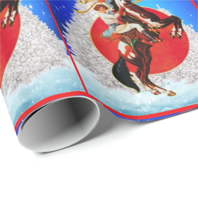 Papel De Regalo Western Cowgirl Horse Winter Scene Feliz Navidad (Esquina del rollo)