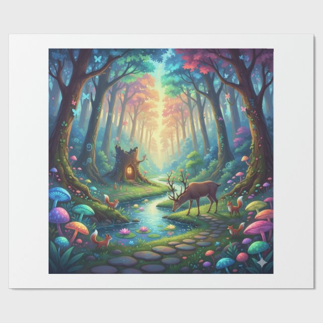 Papel De Regalo Where Deer Dream and Mushrooms Glows (Superficie plana)