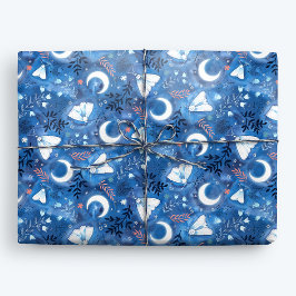 Papel De Regalo Whimsical Blue Watercolor Moths and Moon