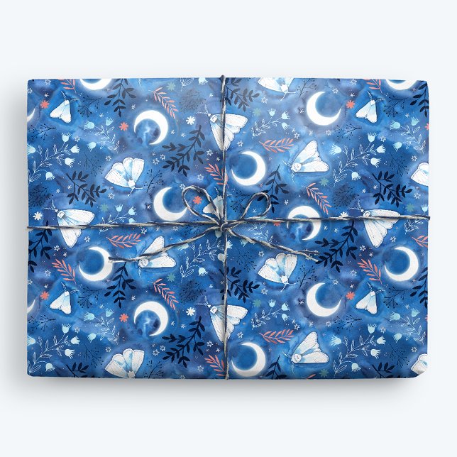 Papel De Regalo Whimsical Blue Watercolor Moths and Moon (Subido por el creador)