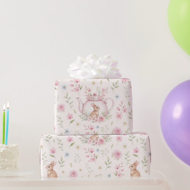 Papel De Regalo Whimsical Bunny Teapot Floral  (Regalos de fiesta)