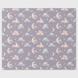 Papel De Regalo Whimsical Celestial Watercolor Moon Stars Clouds