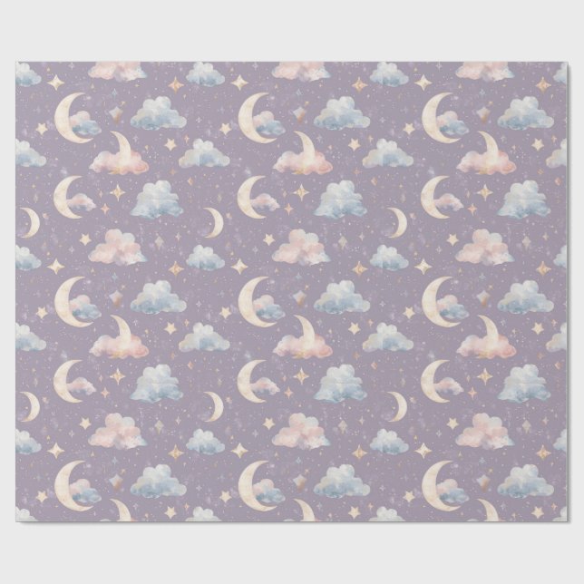 Papel De Regalo Whimsical Celestial Watercolor Moon Stars Clouds (Superficie plana)