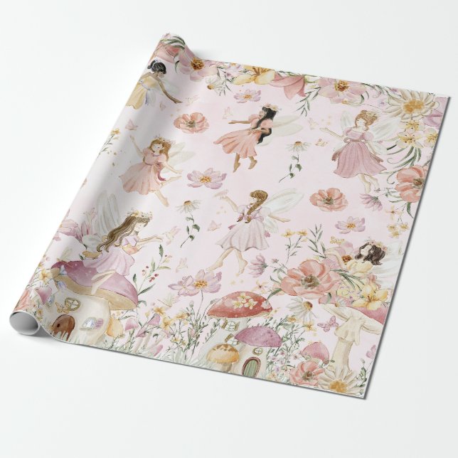 Papel De Regalo Whimsical Cute Fairies Wildflower Garden Meadow (Desenrollado)