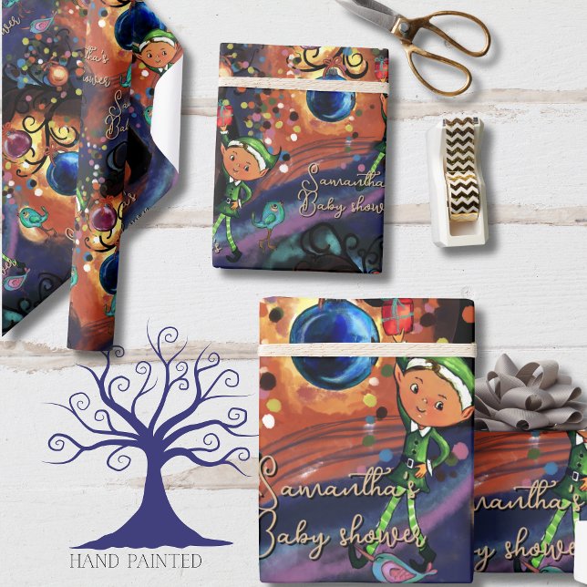 Papel De Regalo Whimsical Elf & Bird Baby Shower Personalized  (Whimsical Elf & Bird Baby Shower Personalized Wrapping Paper)