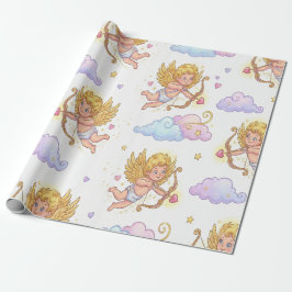 Papel De Regalo Whimsical Flying Cupids in Blue Sky Fantasy