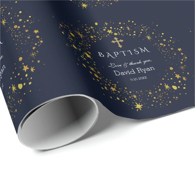 Papel De Regalo Whimsical Gold Starry Night Boy Baptism (Esquina del rollo)