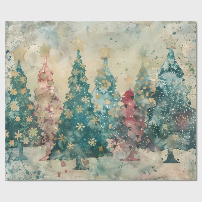 Papel De Regalo Whimsical Green and Red Trees with a touch of Gold (Superficie plana)