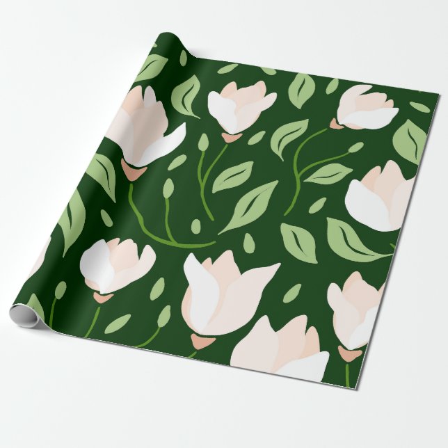 Papel De Regalo Whimsical Hand-Drawn White Magnolia Botanical (Desenrollado)