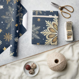 Papel De Regalo Whimsical Modern Navy Gold Snowflakes & Hearts