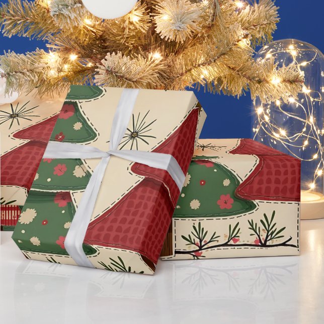 Papel De Regalo Whimsical Modern Red & Green Christmas Floral  (Vacaciones)