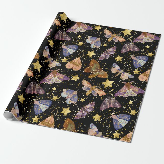 Papel De Regalo Whimsical Night Moth Butterflies Faux Gold Stars (Desenrollado)