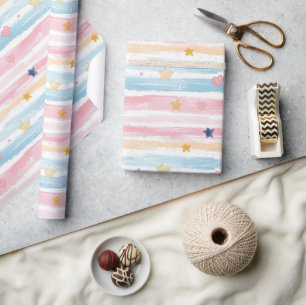 Papel De Regalo Whimsical Pastel Striped Heart and Star Pattern De