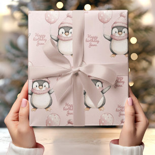 Papel De Regalo Whimsical Penguin Birthday   Rosa antiguo 