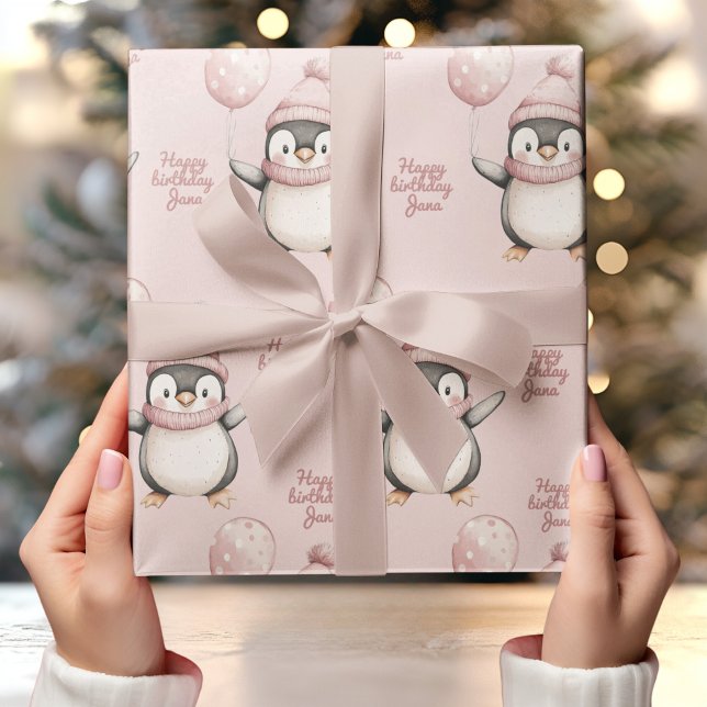 Papel De Regalo Whimsical Penguin Birthday | Rosa antiguo  (Subido por el creador)