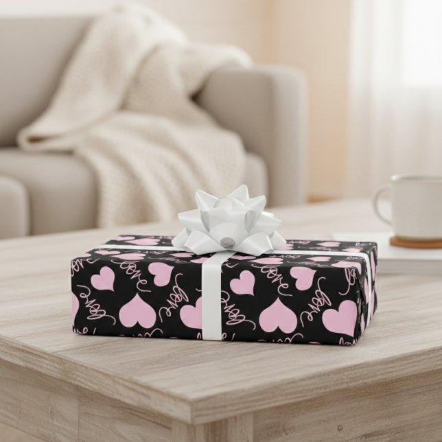 Papel De Regalo Whimsical Pink Heart Doodles Love Script (Whimsical Pink Heart Doodles Love Script Wrapping Paper)