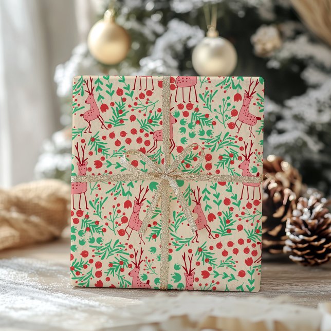 Papel De Regalo Whimsical Pink Reindeer and Winter Foliage Pattern (Subido por el creador)