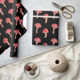 Papel De Regalo Whimsical Red Mushroom | Toadstool Black Woodland
