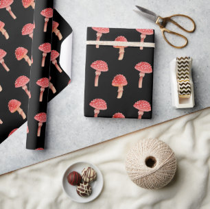 Papel De Regalo Whimsical Red Mushroom   Toadstool Black Woodland