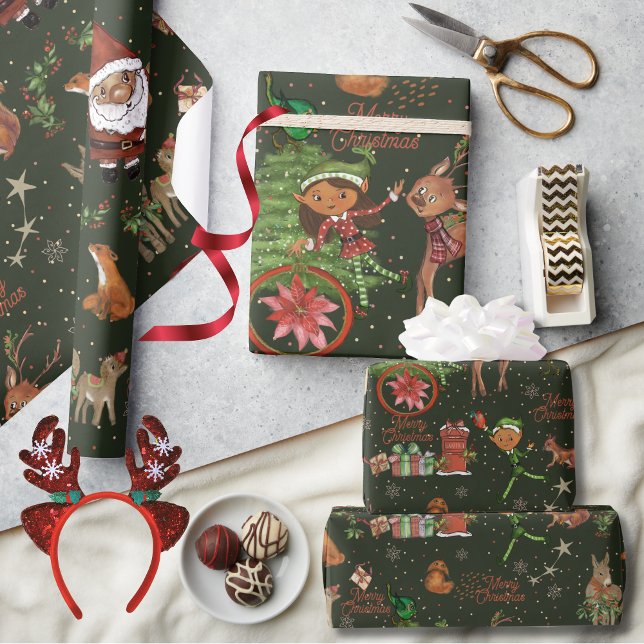 Papel De Regalo Whimsical Santa Elf & Friends Christmas Green (Whimsical Santa Elf & Friends Christmas Green Wrapping Paper)