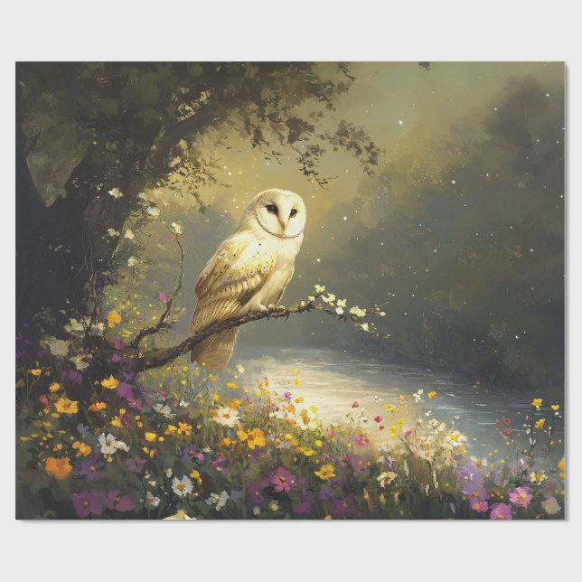 Papel De Regalo Whimsical Snowy Lechuza Blanca Flores Silvestres D (Superficie plana)