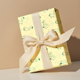 Papel De Regalo Whimsical Teal Doodle Foxes on Butter Yellow 