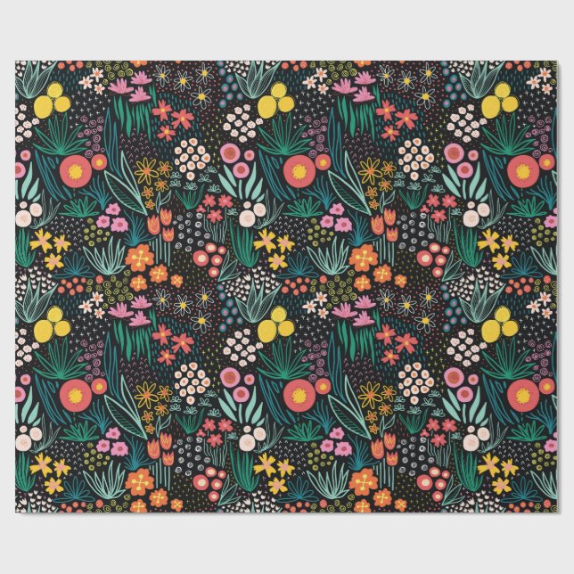 Papel De Regalo Whimsical Wildflower Dark Garden Folk Print (Superficie plana)