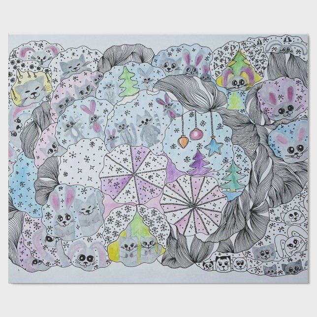 Papel De Regalo "Whimsical Winter Forest" Artistic Hand-Drawn Gift (Superficie plana)