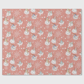 Papel De Regalo Whimsical Winter Snowmen at Play Muted Coral Pink