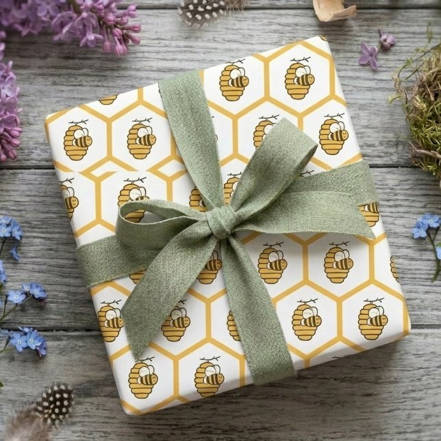 Papel De Regalo Whimsical Yellow Beehive and Bumblebee Pattern (Springtime beehive pattern wrapping gift)