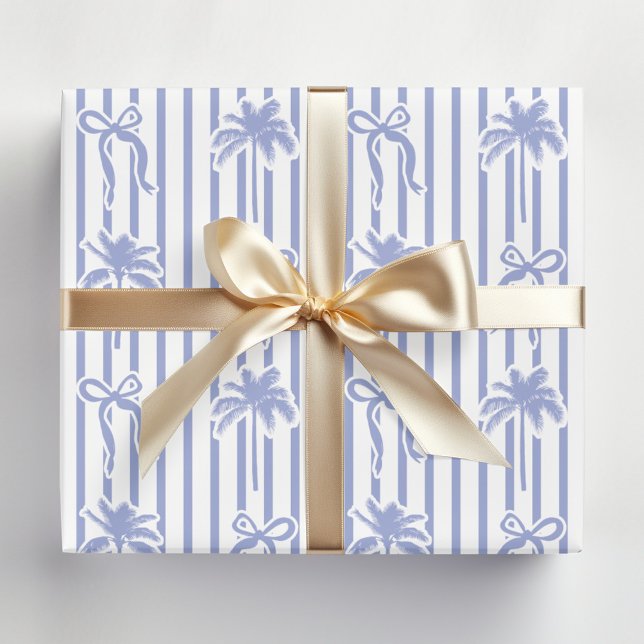 Papel De Regalo White Blue Coastal Palm Trees Bows Stripes Pattern (In situ)