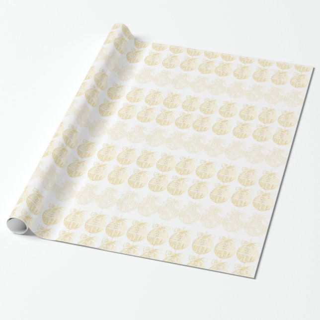 Papel De Regalo White Christmas Gift Wrap with Gold Ornaments (Desenrollado)