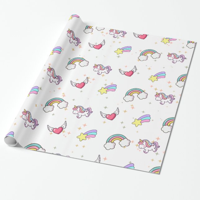 Papel De Regalo White Cute Rainbow Unicorn Star Magical (Desenrollado)