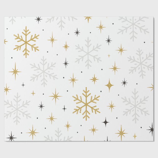 Papel De Regalo White & Gold Snowflake Sparkle Wrapping Paper  (Superficie plana)