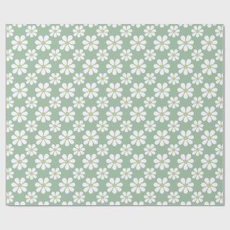 Papel De Regalo White Green Daisy Pattern 