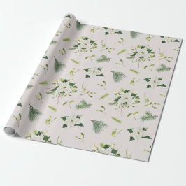 Papel De Regalo White Green Floral Illustrated Christmas
